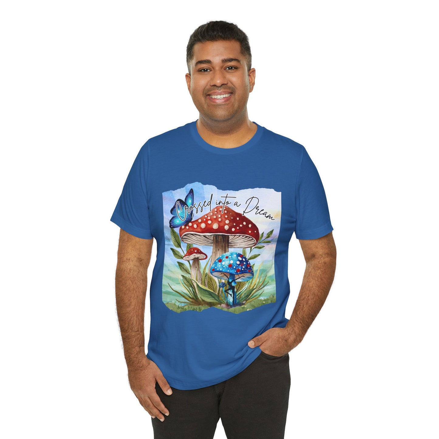 "Crossed Into a Dream Blue and Red Mushroom" Unisex Jersey Tee - Colorful Nature-Inspired Design