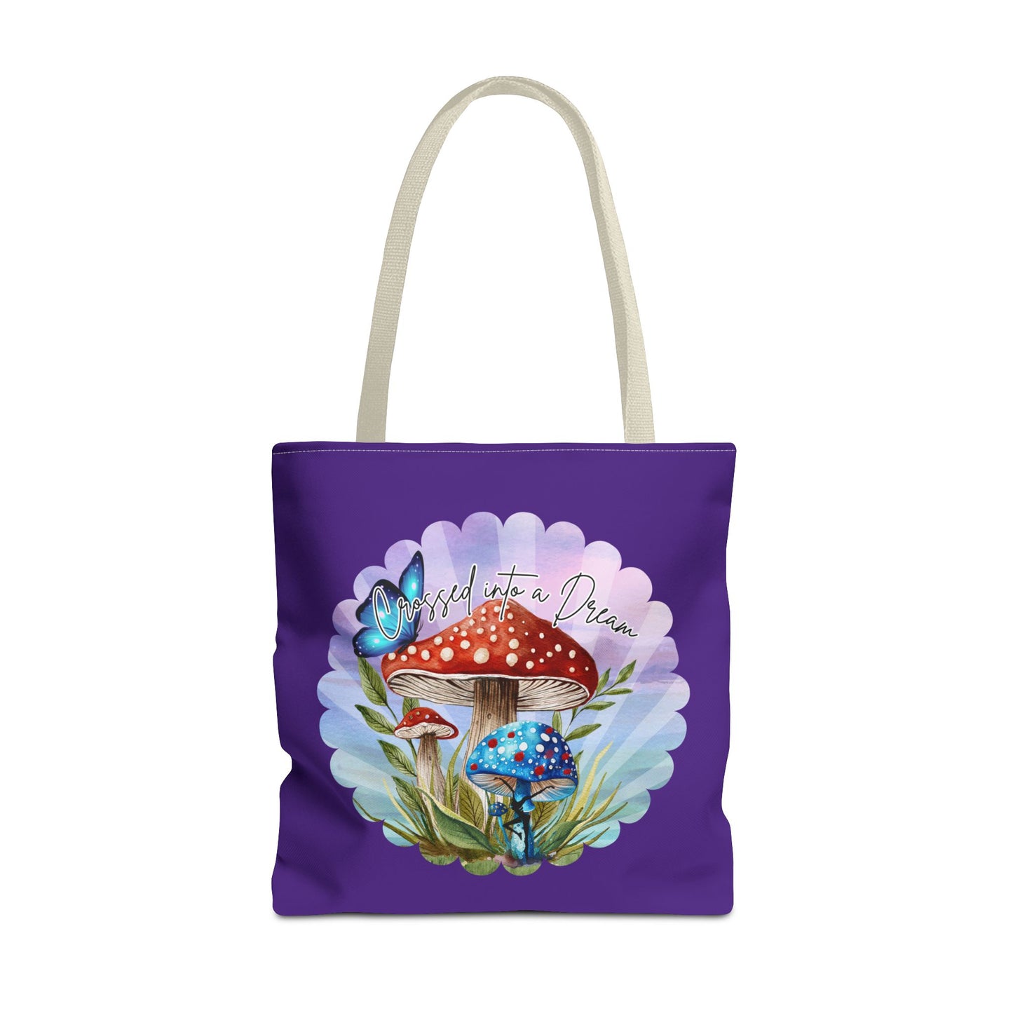 "Crossed Into a Dream" Purple Mushrooms and Butterfly Tote Bag - Perfect for Nature Lovers & Eco-Friendly Style