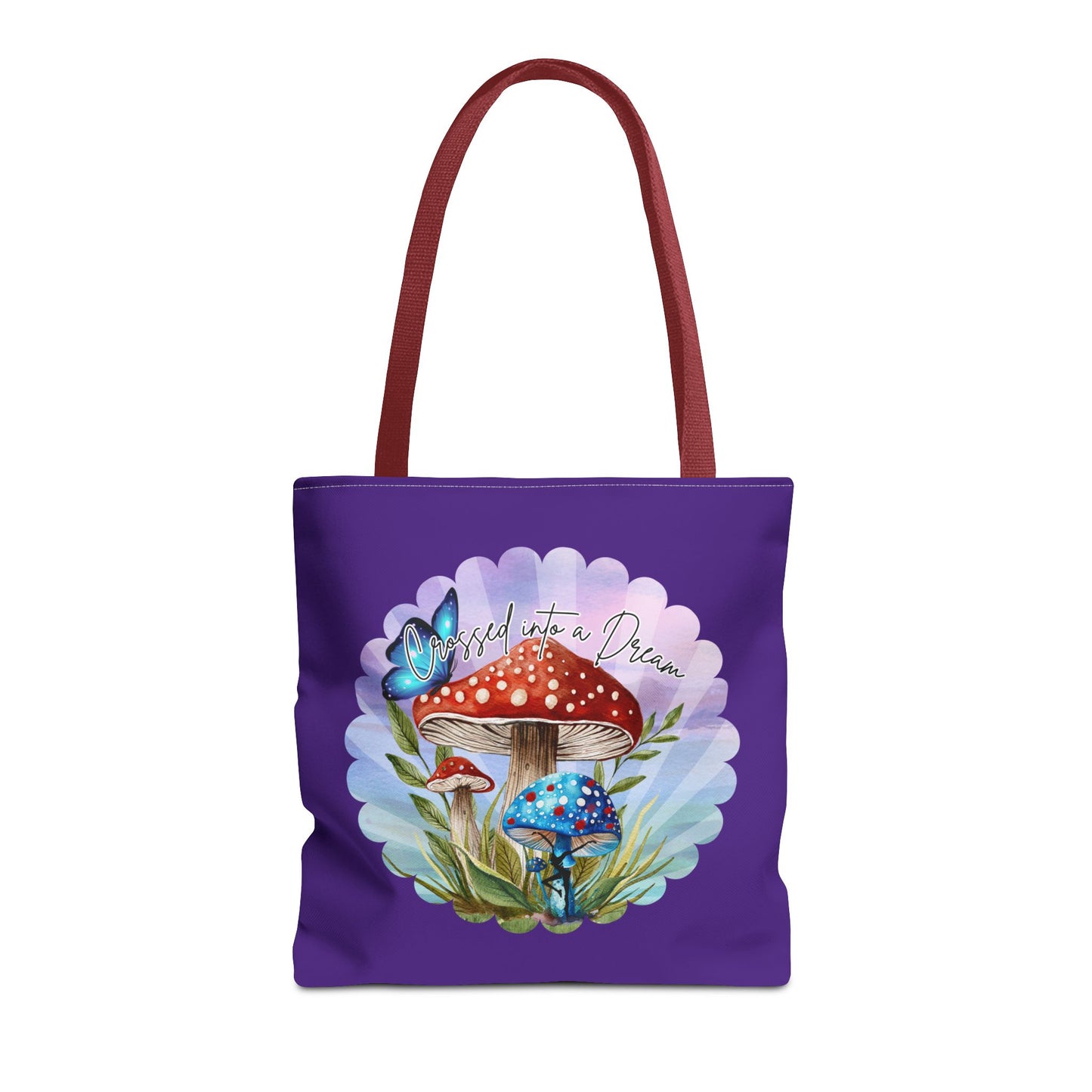 "Crossed Into a Dream" Purple Mushrooms and Butterfly Tote Bag - Perfect for Nature Lovers & Eco-Friendly Style