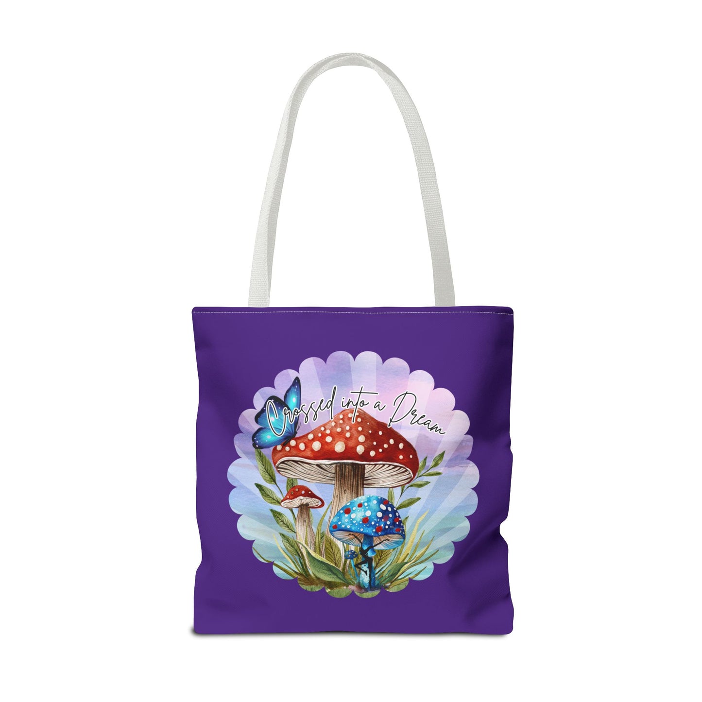 "Crossed Into a Dream" Purple Mushrooms and Butterfly Tote Bag - Perfect for Nature Lovers & Eco-Friendly Style