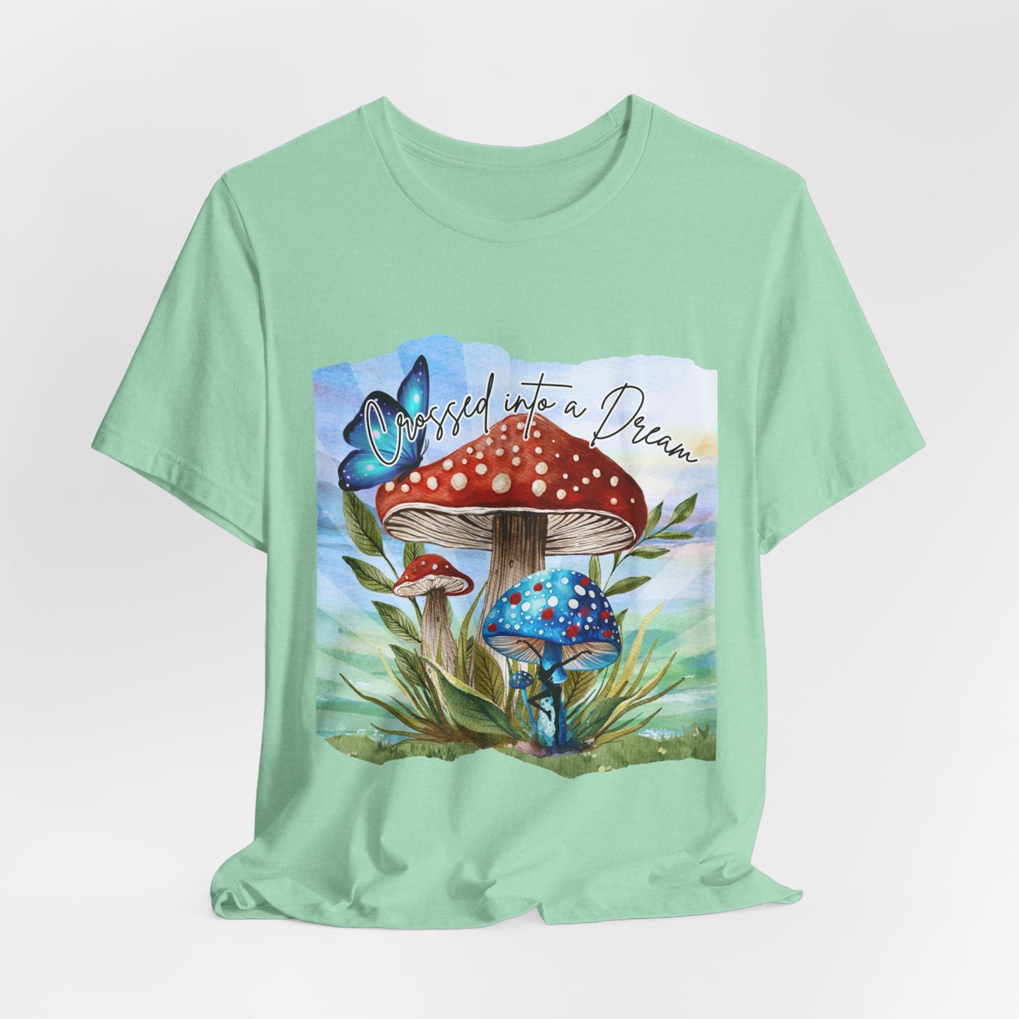 "Crossed Into a Dream Blue and Red Mushroom" Unisex Jersey Tee - Colorful Nature-Inspired Design