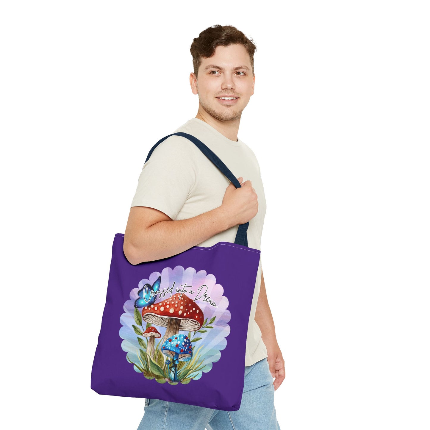 "Crossed Into a Dream" Purple Mushrooms and Butterfly Tote Bag - Perfect for Nature Lovers & Eco-Friendly Style