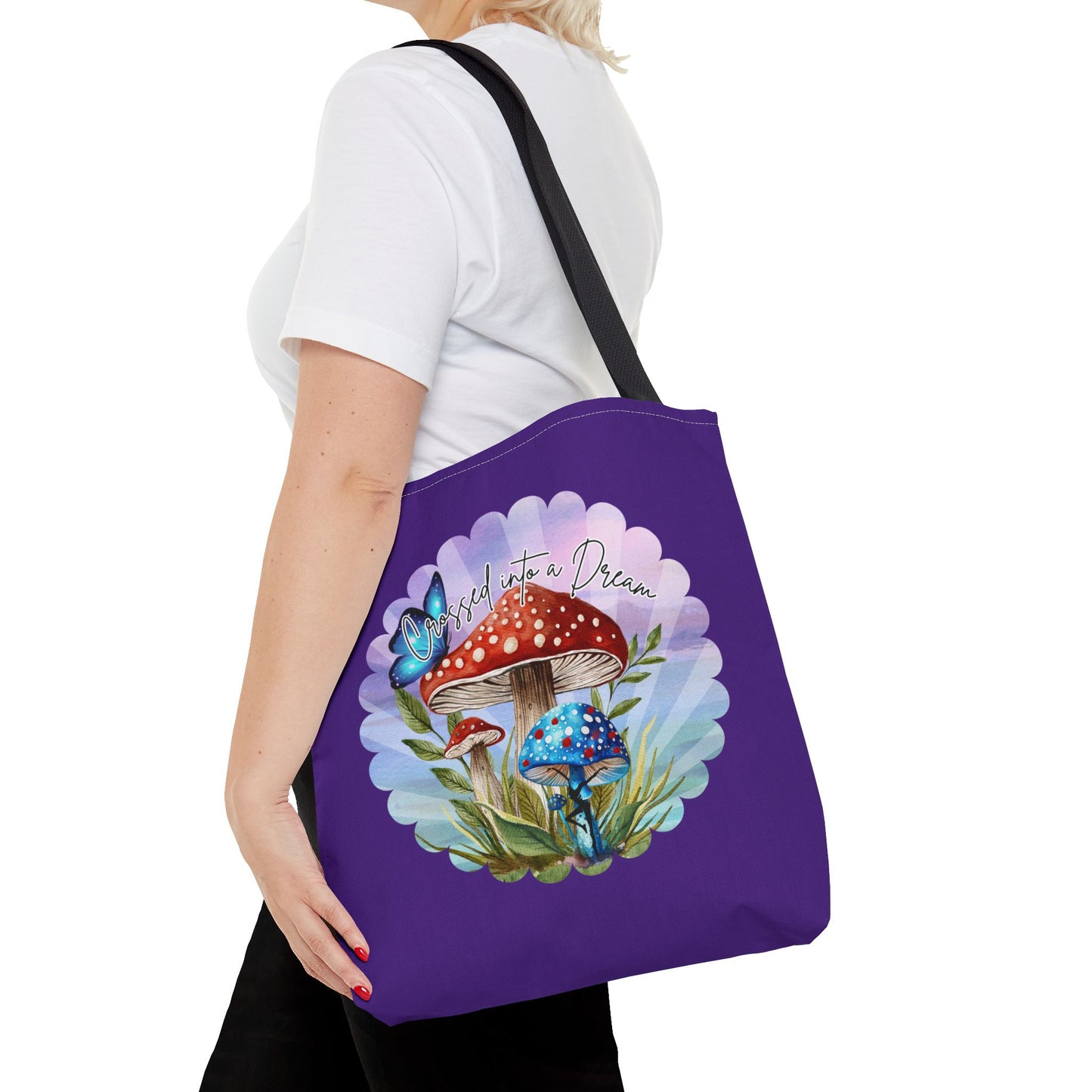 "Crossed Into a Dream" Purple Mushrooms and Butterfly Tote Bag - Perfect for Nature Lovers & Eco-Friendly Style