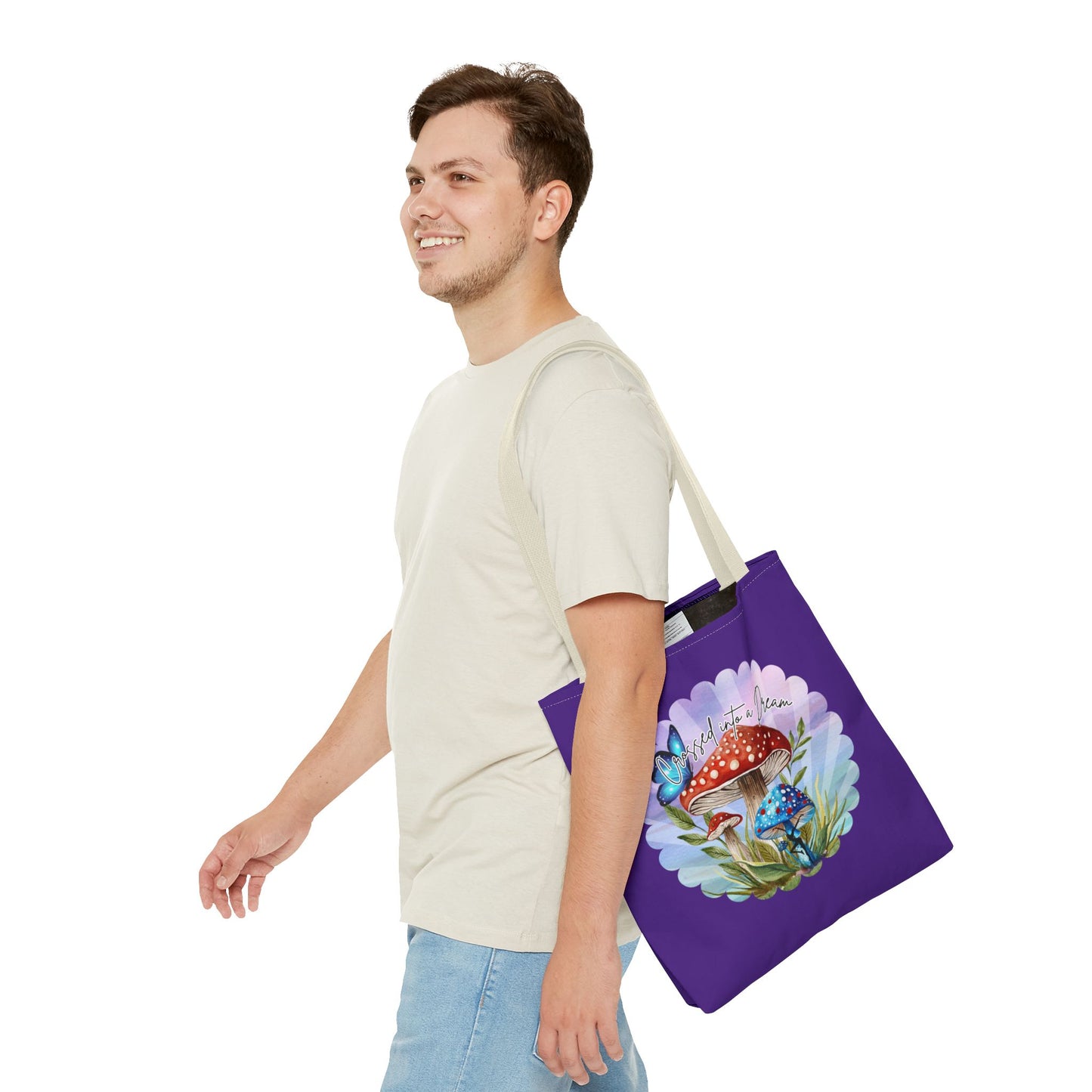 "Crossed Into a Dream" Purple Mushrooms and Butterfly Tote Bag - Perfect for Nature Lovers & Eco-Friendly Style