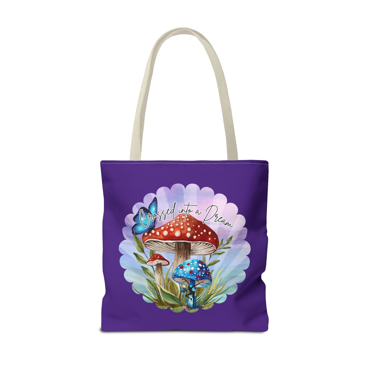"Crossed Into a Dream" Purple Mushrooms and Butterfly Tote Bag - Perfect for Nature Lovers & Eco-Friendly Style