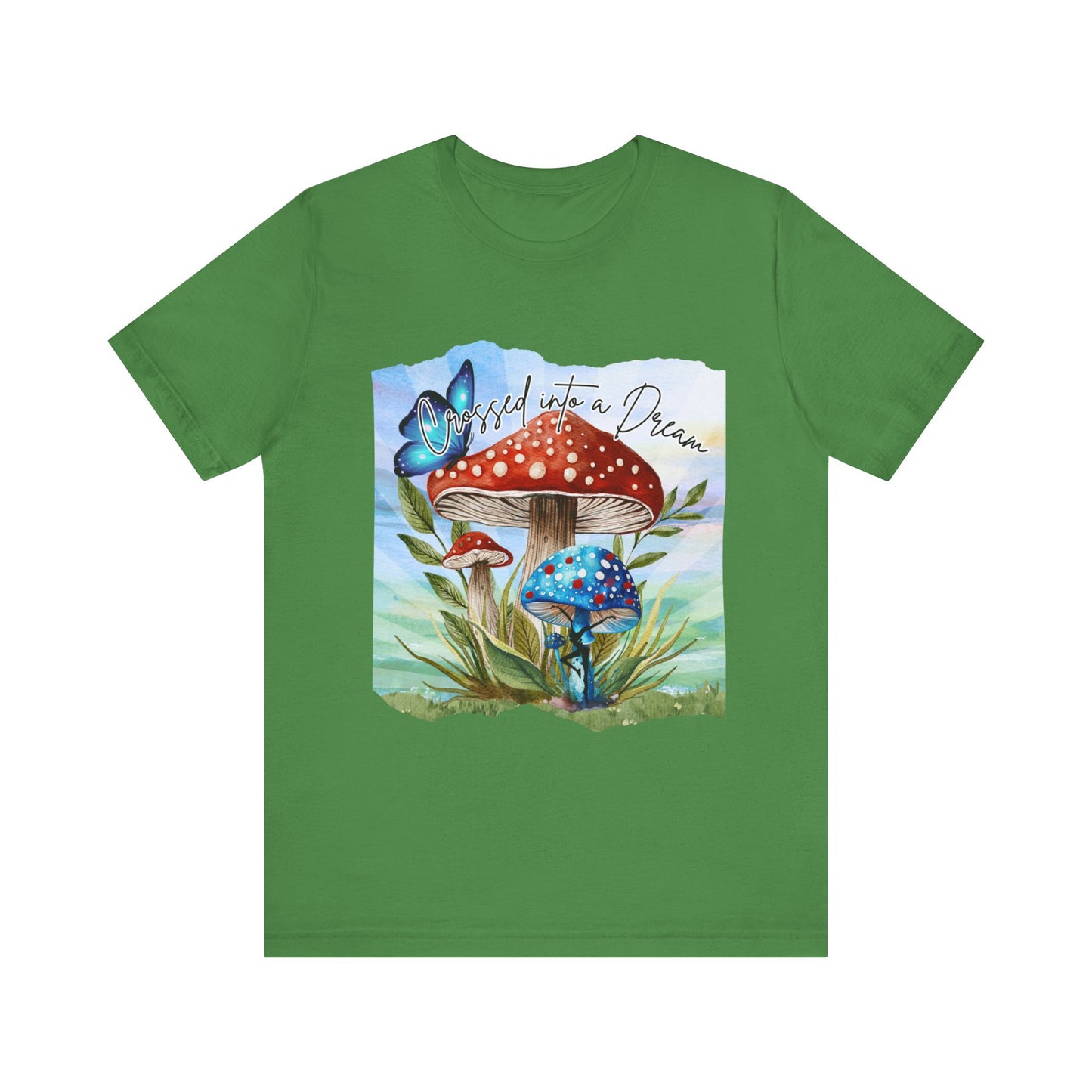 "Crossed Into a Dream Blue and Red Mushroom" Unisex Jersey Tee - Colorful Nature-Inspired Design
