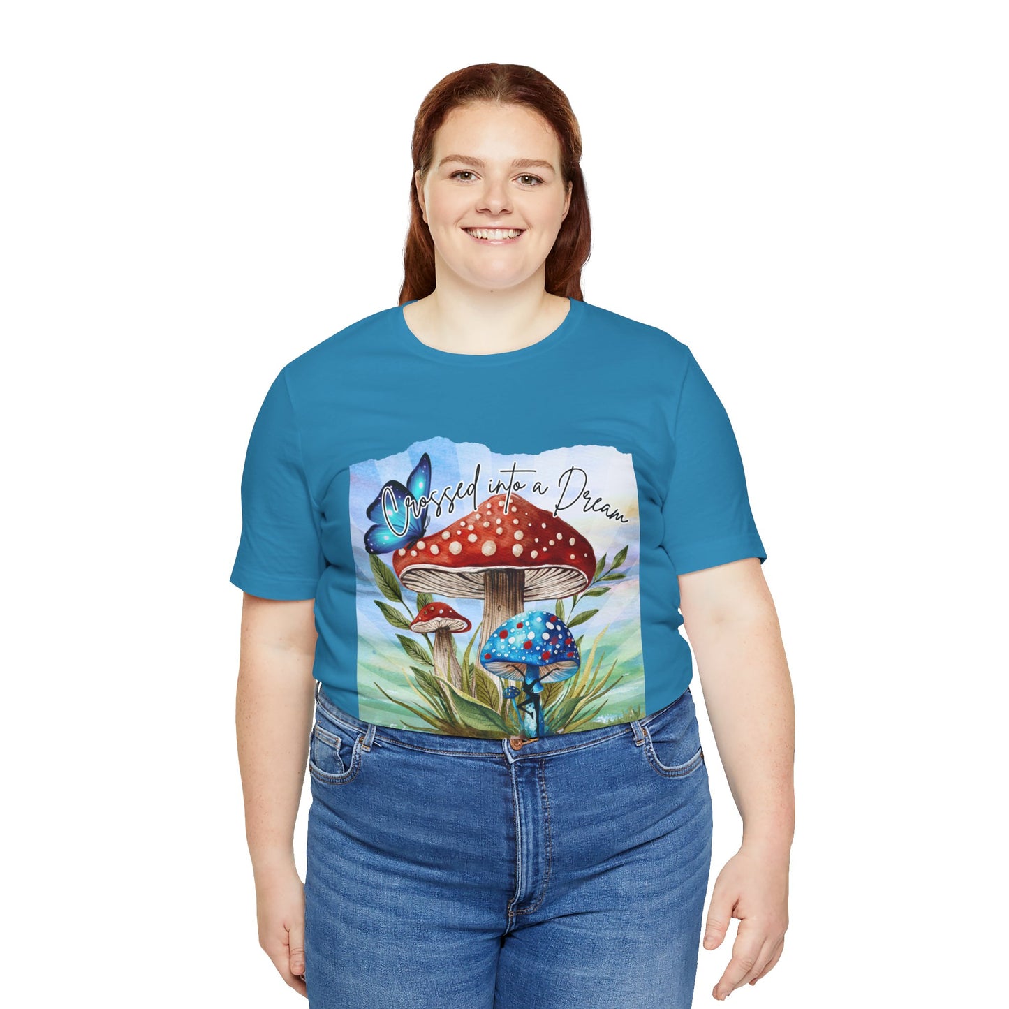 "Crossed Into a Dream Blue and Red Mushroom" Unisex Jersey Tee - Colorful Nature-Inspired Design