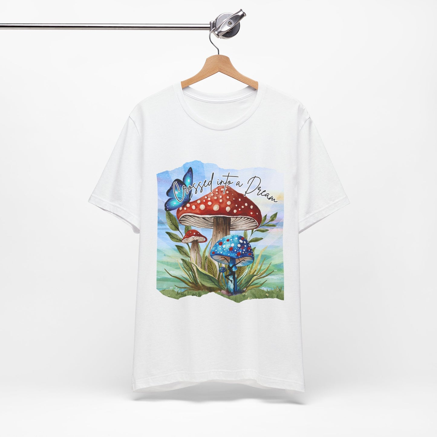 "Crossed Into a Dream Blue and Red Mushroom" Unisex Jersey Tee - Colorful Nature-Inspired Design