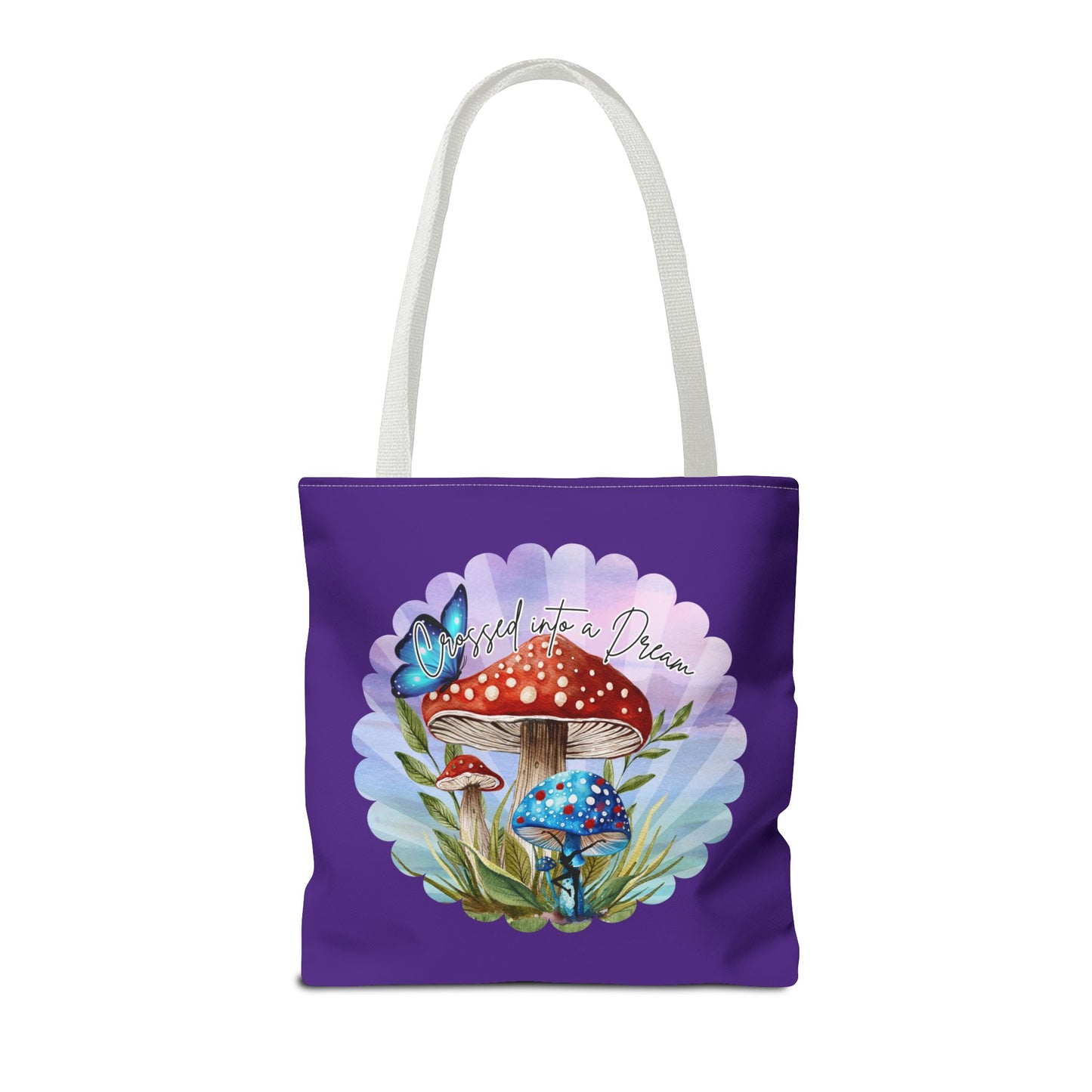 "Crossed Into a Dream" Purple Mushrooms and Butterfly Tote Bag - Perfect for Nature Lovers & Eco-Friendly Style