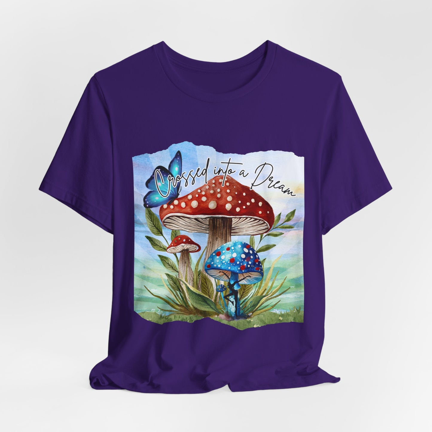 "Crossed Into a Dream Blue and Red Mushroom" Unisex Jersey Tee - Colorful Nature-Inspired Design