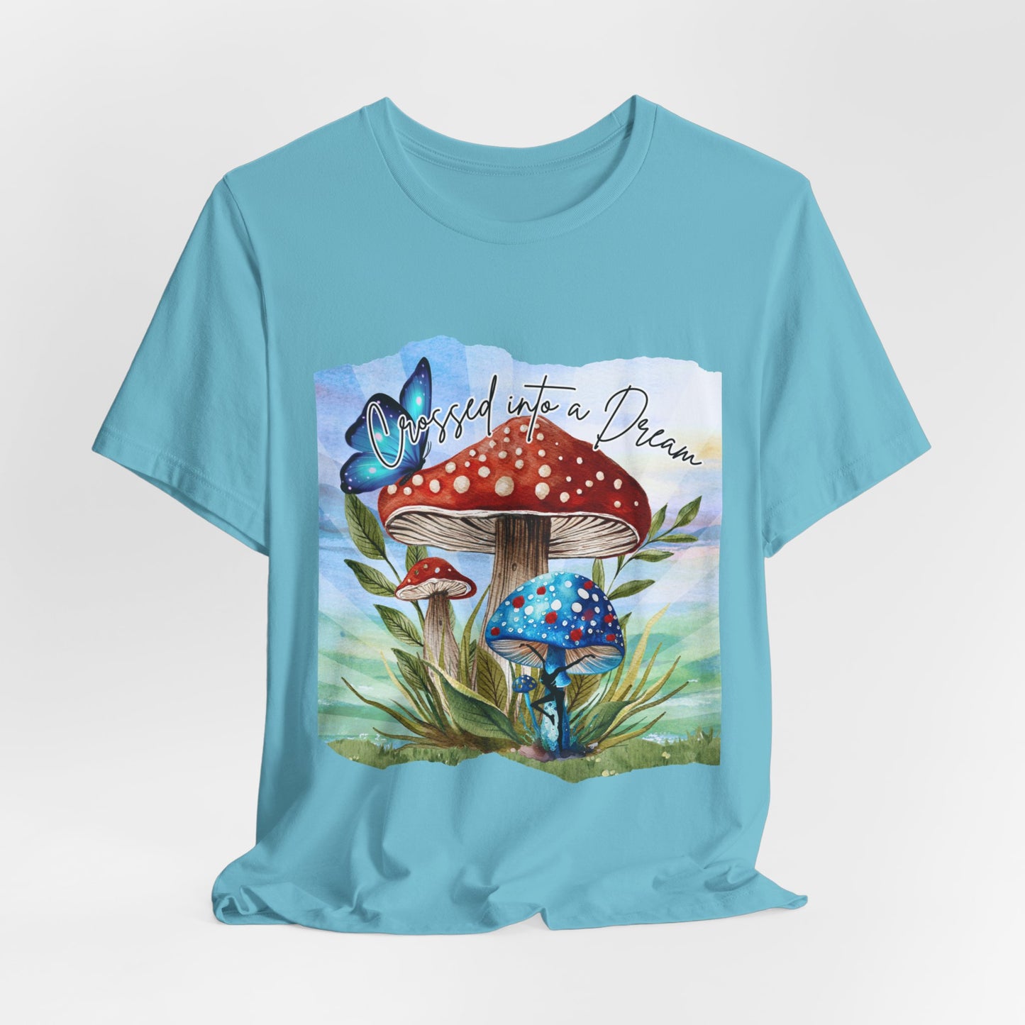 "Crossed Into a Dream Blue and Red Mushroom" Unisex Jersey Tee - Colorful Nature-Inspired Design