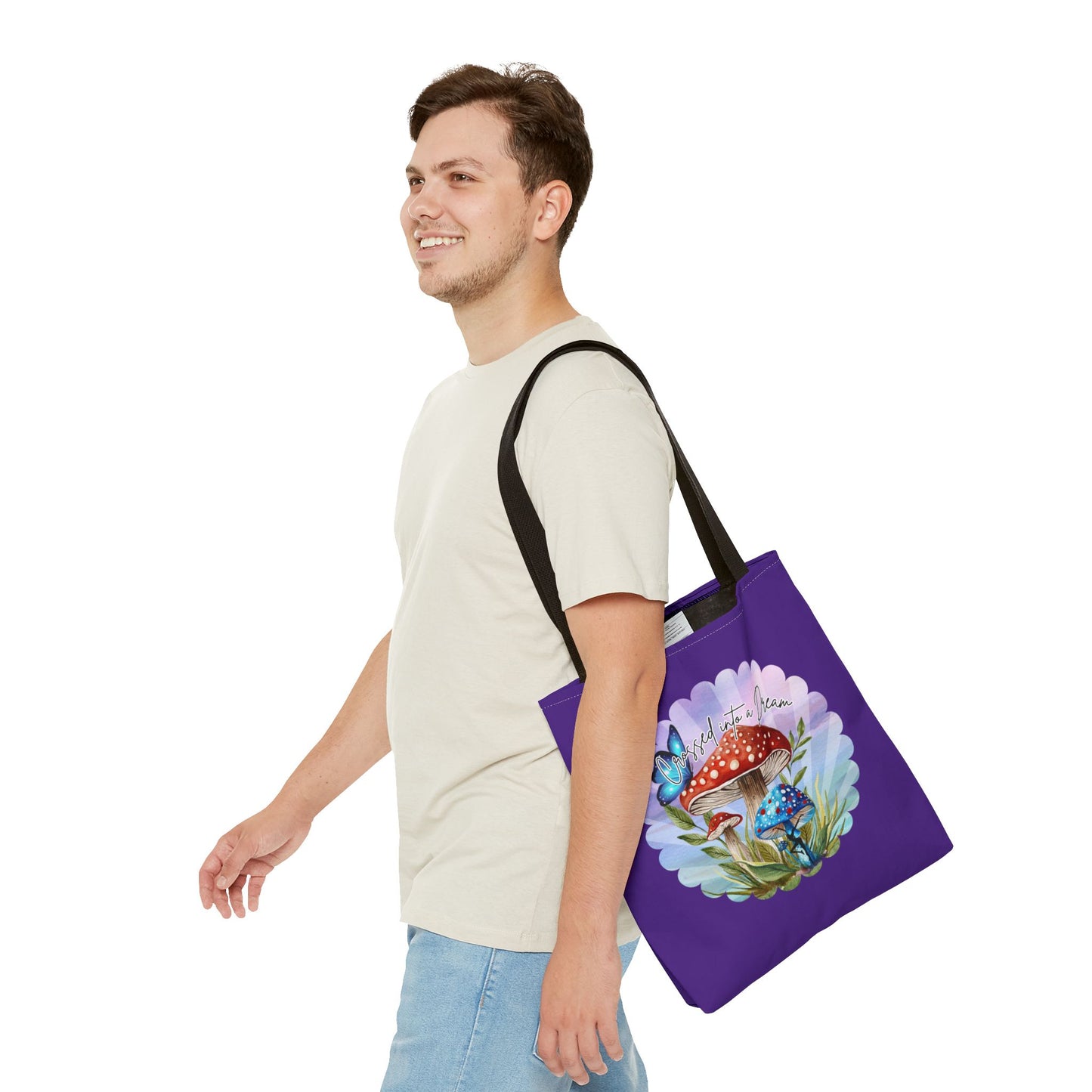 "Crossed Into a Dream" Purple Mushrooms and Butterfly Tote Bag - Perfect for Nature Lovers & Eco-Friendly Style