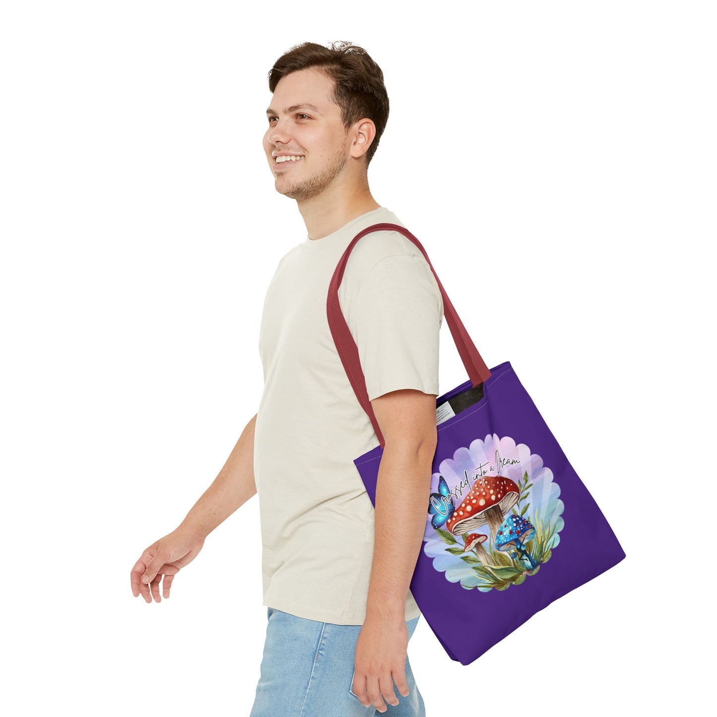 "Crossed Into a Dream" Purple Mushrooms and Butterfly Tote Bag - Perfect for Nature Lovers & Eco-Friendly Style