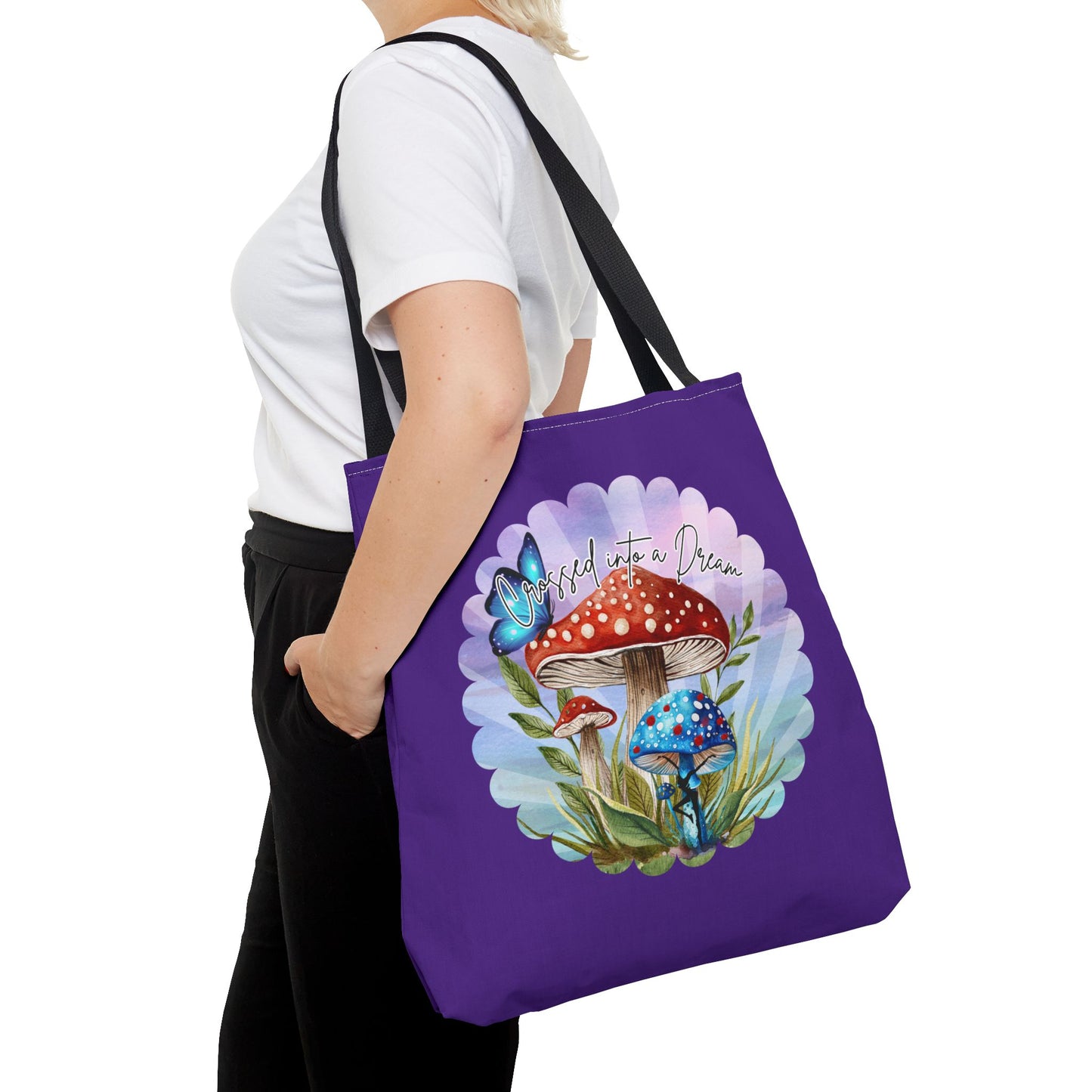 "Crossed Into a Dream" Purple Mushrooms and Butterfly Tote Bag - Perfect for Nature Lovers & Eco-Friendly Style