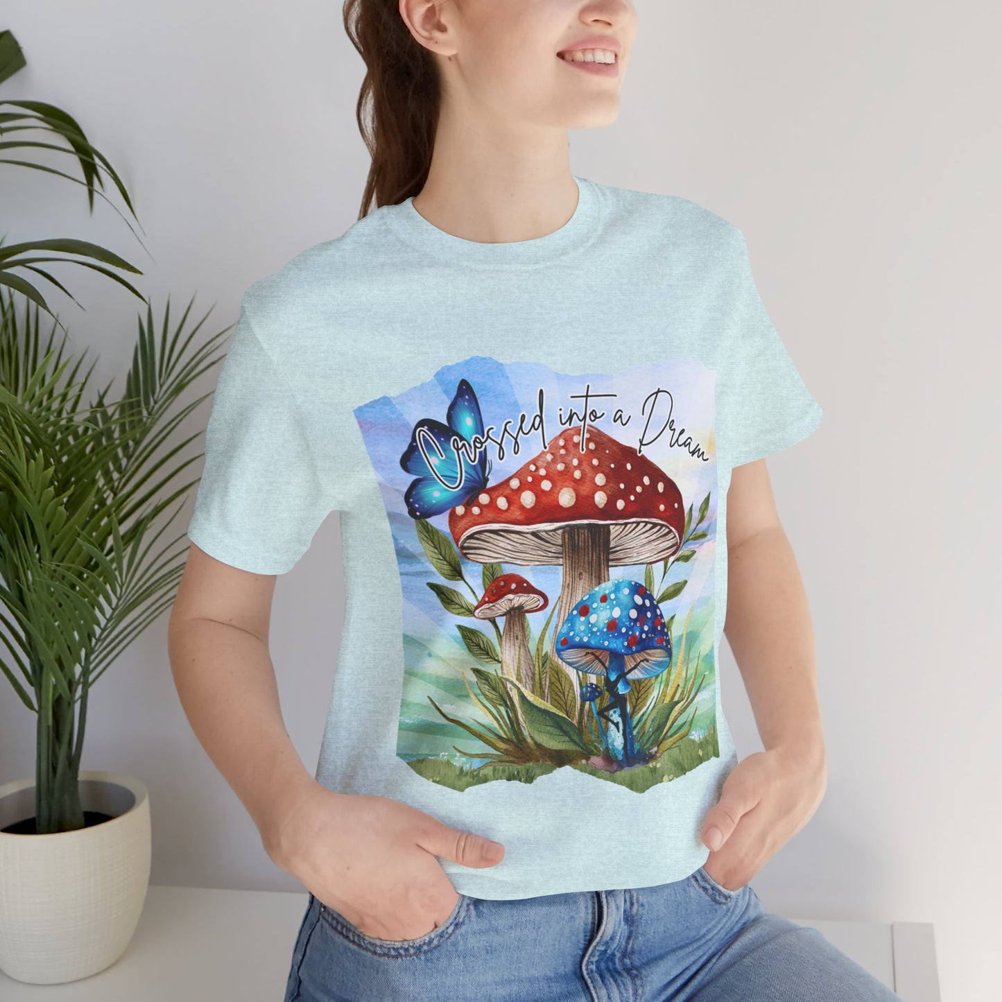 "Crossed Into a Dream Blue and Red Mushroom" Unisex Jersey Tee - Colorful Nature-Inspired Design