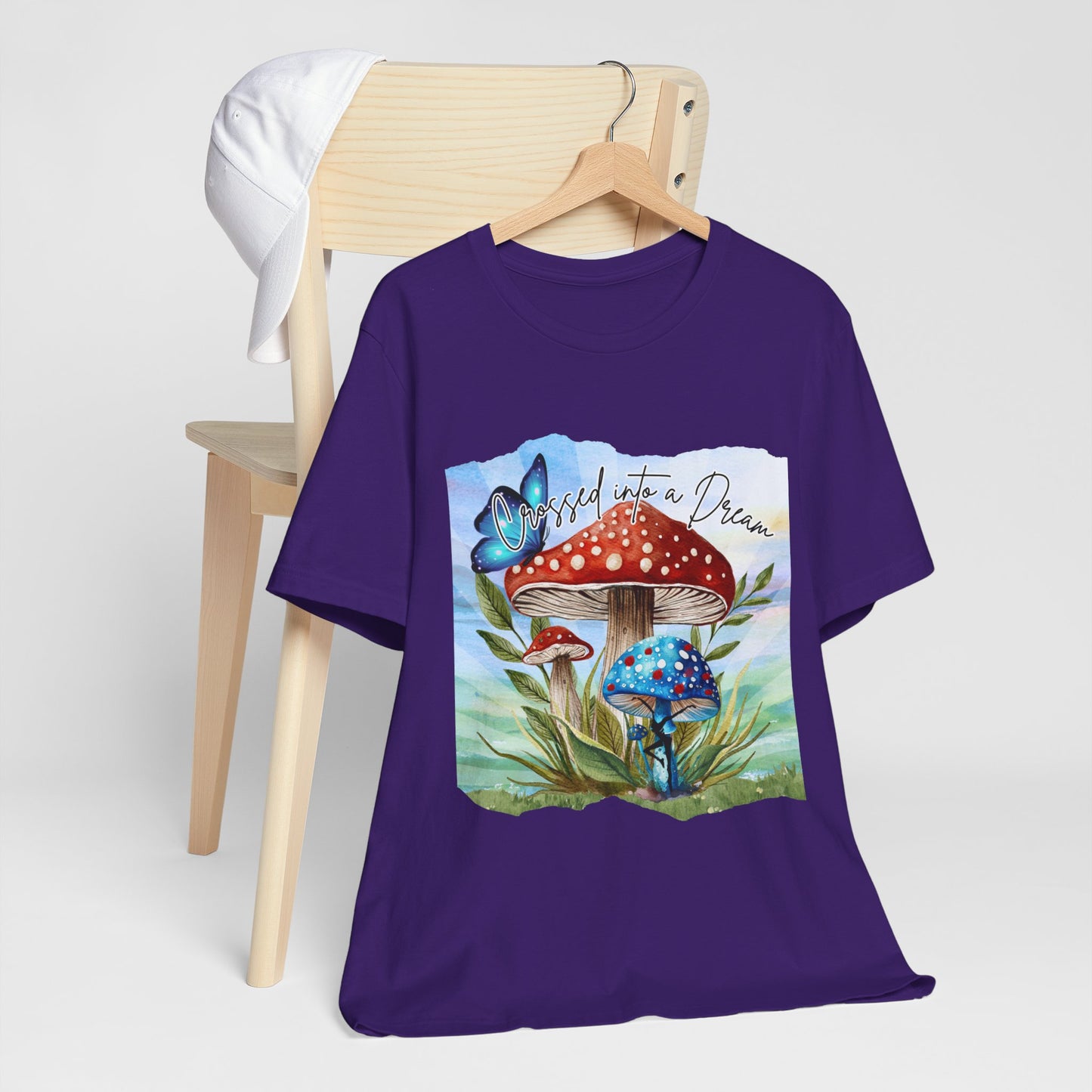 "Crossed Into a Dream Blue and Red Mushroom" Unisex Jersey Tee - Colorful Nature-Inspired Design
