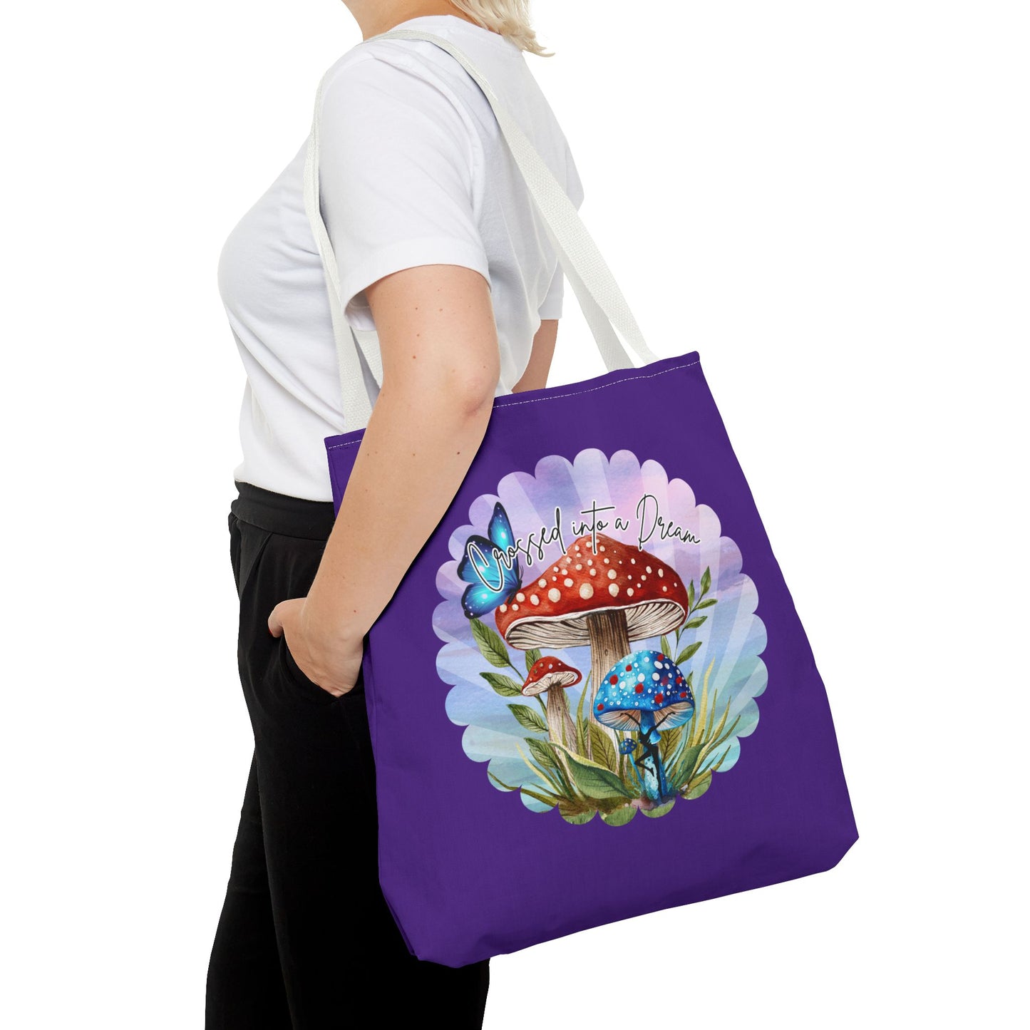 "Crossed Into a Dream" Purple Mushrooms and Butterfly Tote Bag - Perfect for Nature Lovers & Eco-Friendly Style