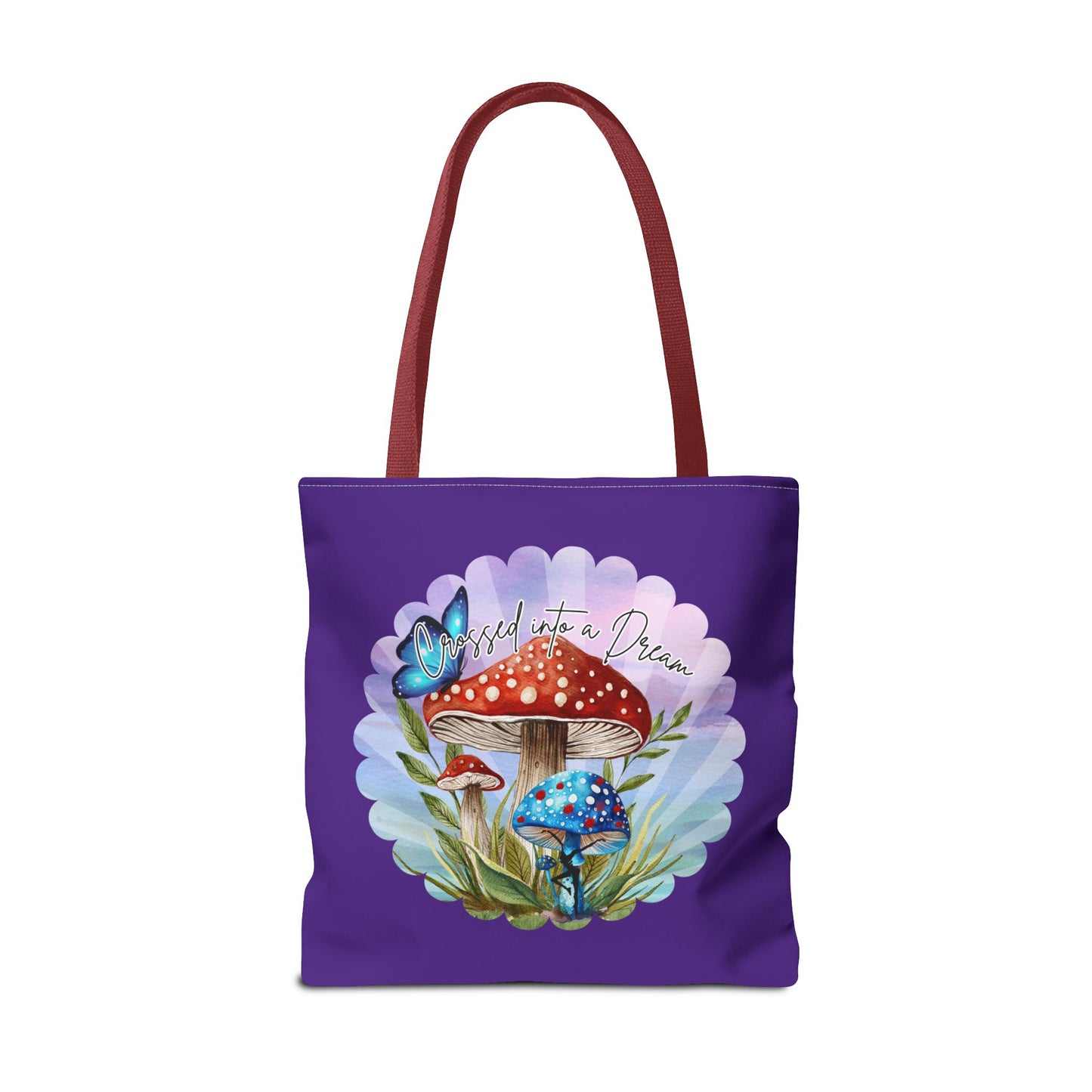"Crossed Into a Dream" Purple Mushrooms and Butterfly Tote Bag - Perfect for Nature Lovers & Eco-Friendly Style