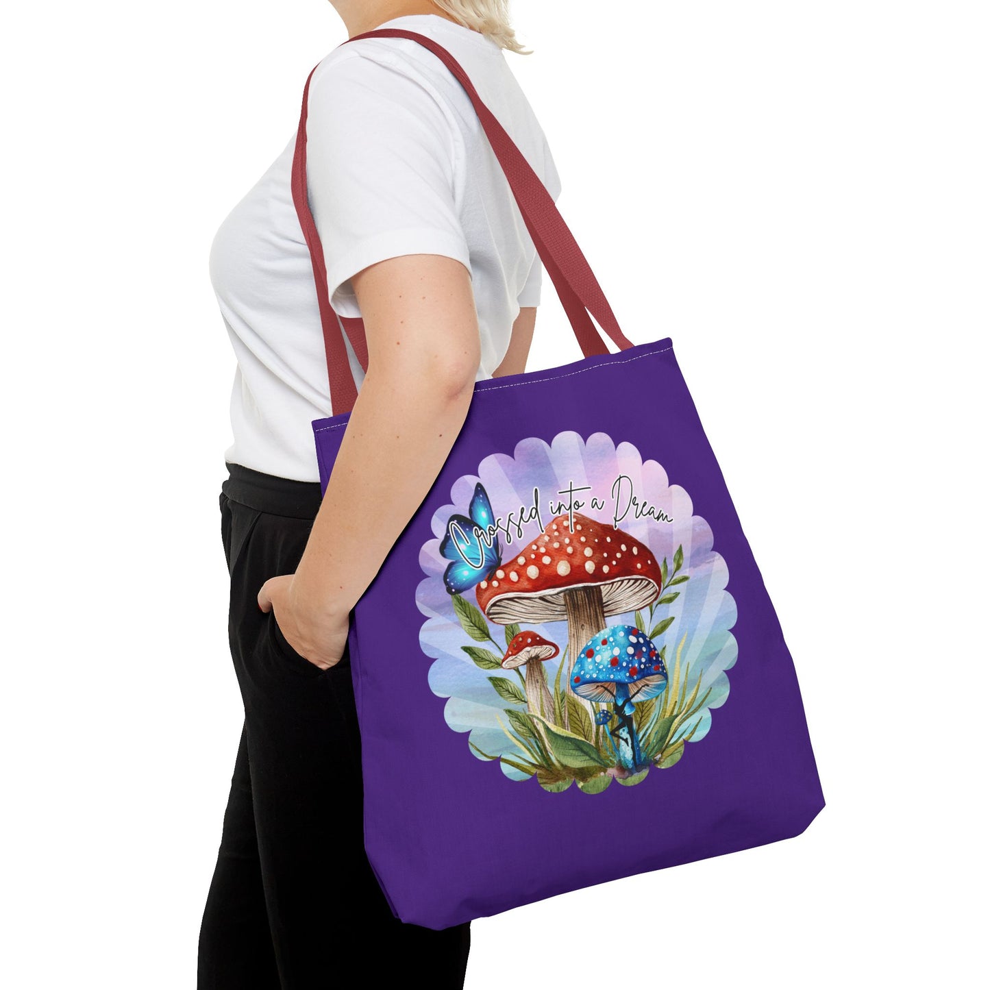 "Crossed Into a Dream" Purple Mushrooms and Butterfly Tote Bag - Perfect for Nature Lovers & Eco-Friendly Style