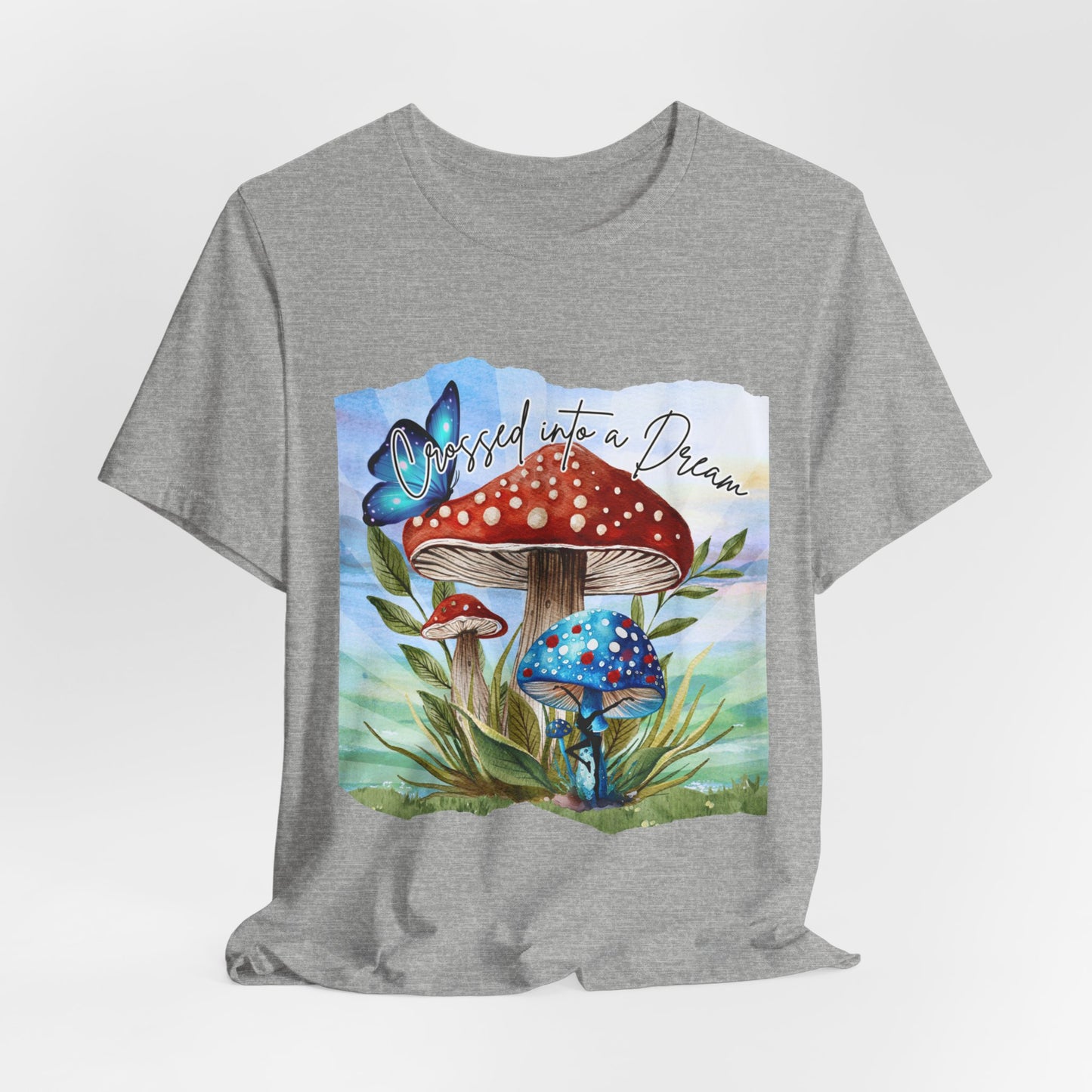 "Crossed Into a Dream Blue and Red Mushroom" Unisex Jersey Tee - Colorful Nature-Inspired Design