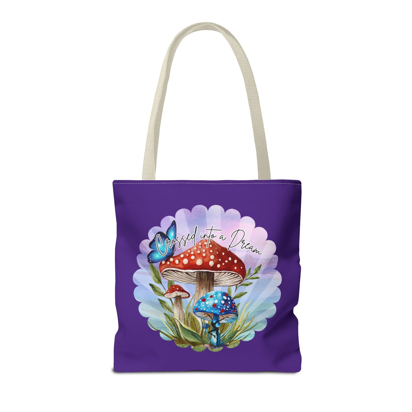 "Crossed Into a Dream" Purple Mushrooms and Butterfly Tote Bag - Perfect for Nature Lovers & Eco-Friendly Style
