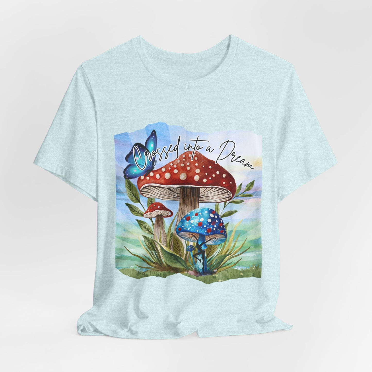 "Crossed Into a Dream Blue and Red Mushroom" Unisex Jersey Tee - Colorful Nature-Inspired Design
