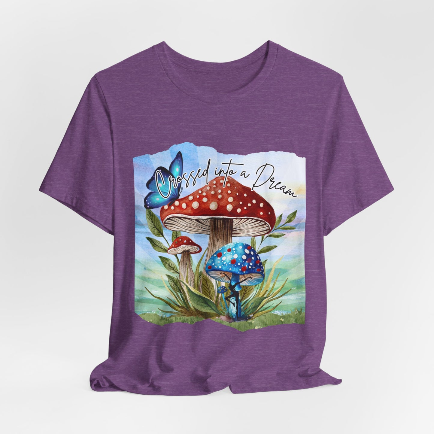 "Crossed Into a Dream Blue and Red Mushroom" Unisex Jersey Tee - Colorful Nature-Inspired Design