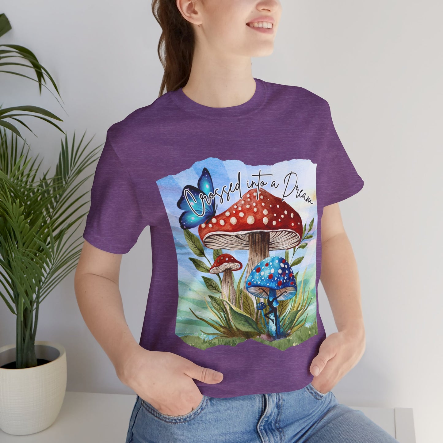 "Crossed Into a Dream Blue and Red Mushroom" Unisex Jersey Tee - Colorful Nature-Inspired Design