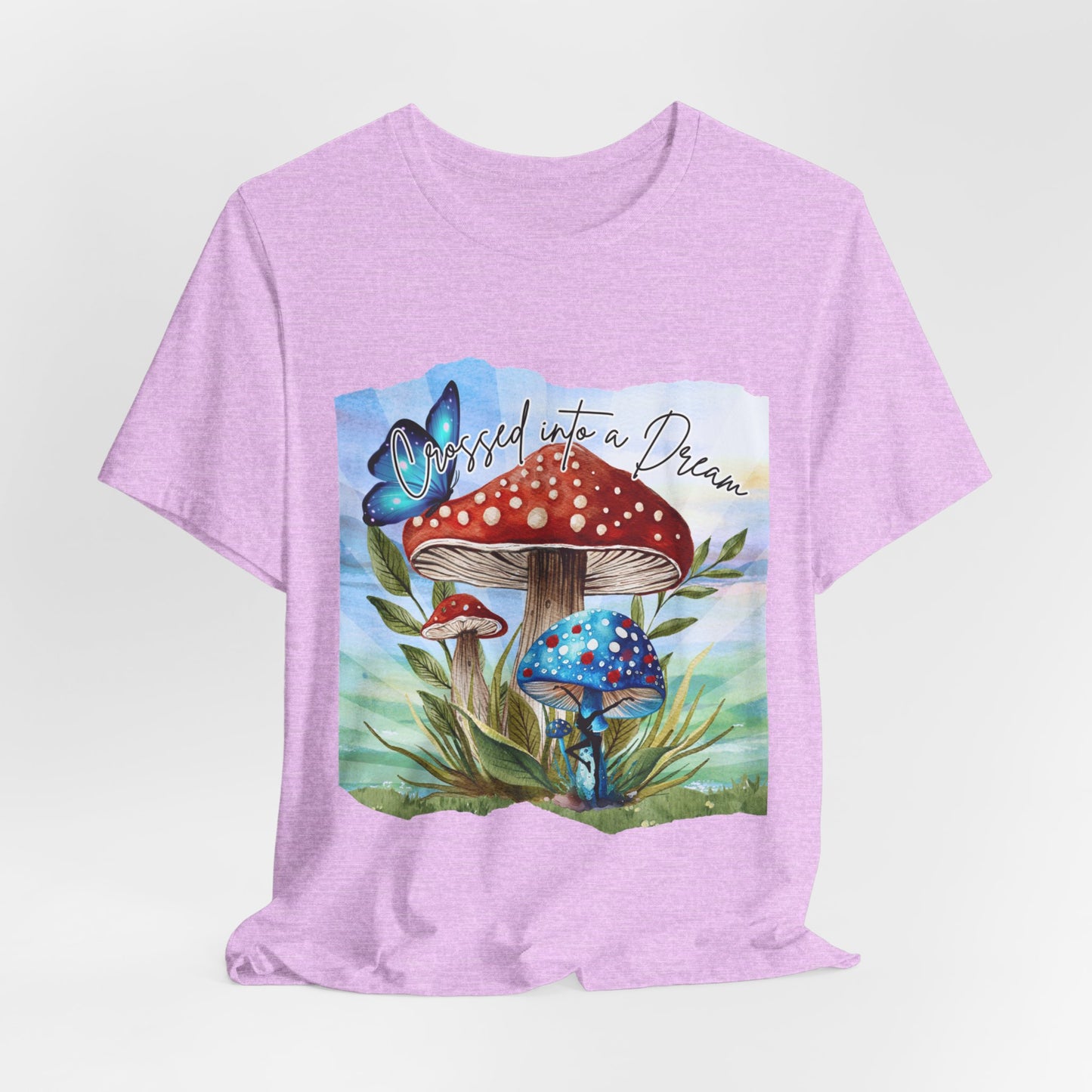 "Crossed Into a Dream Blue and Red Mushroom" Unisex Jersey Tee - Colorful Nature-Inspired Design