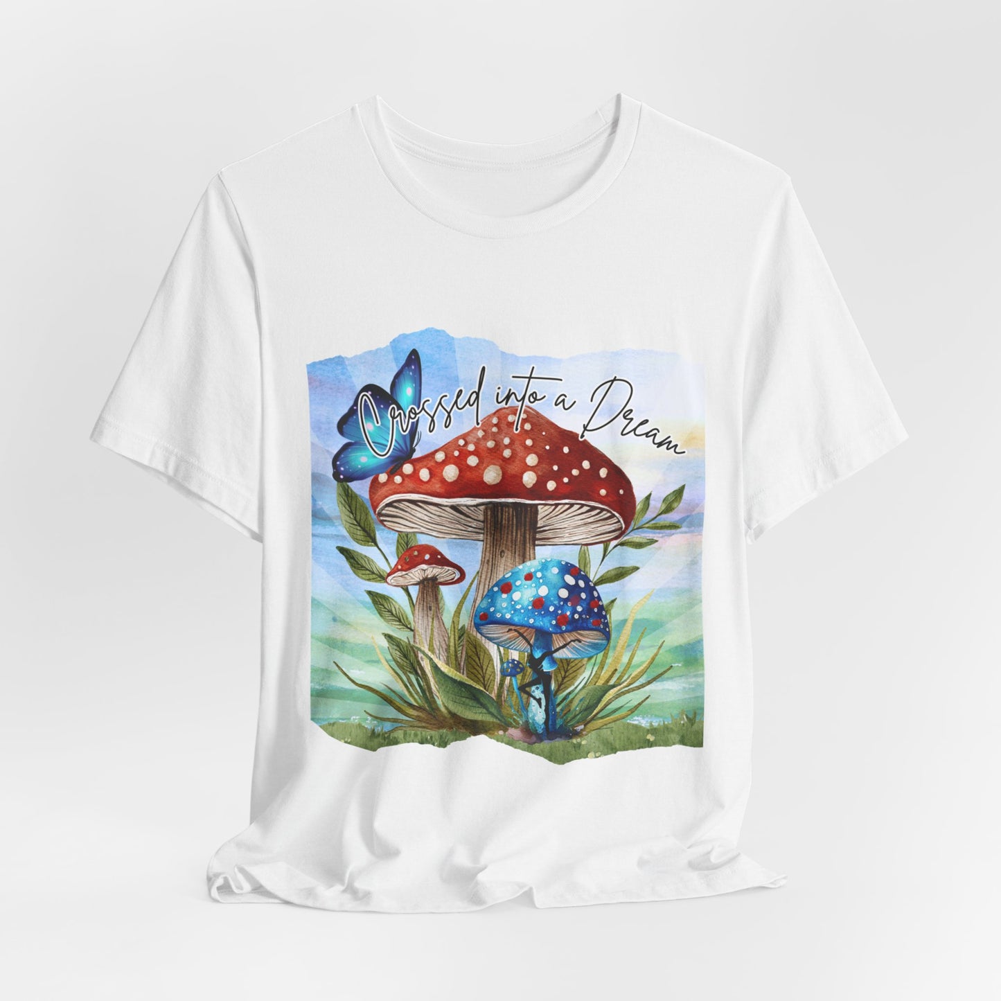 "Crossed Into a Dream Blue and Red Mushroom" Unisex Jersey Tee - Colorful Nature-Inspired Design
