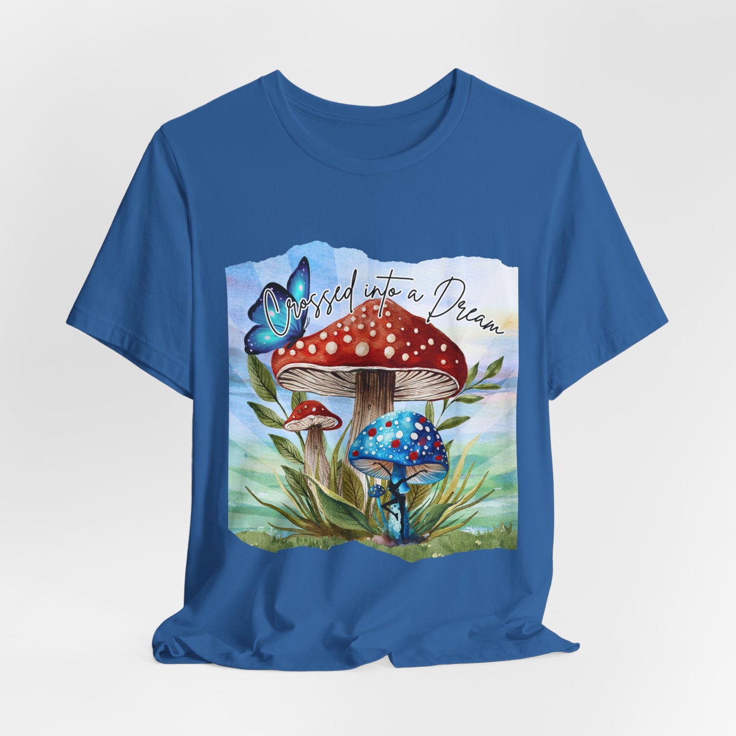 "Crossed Into a Dream Blue and Red Mushroom" Unisex Jersey Tee - Colorful Nature-Inspired Design