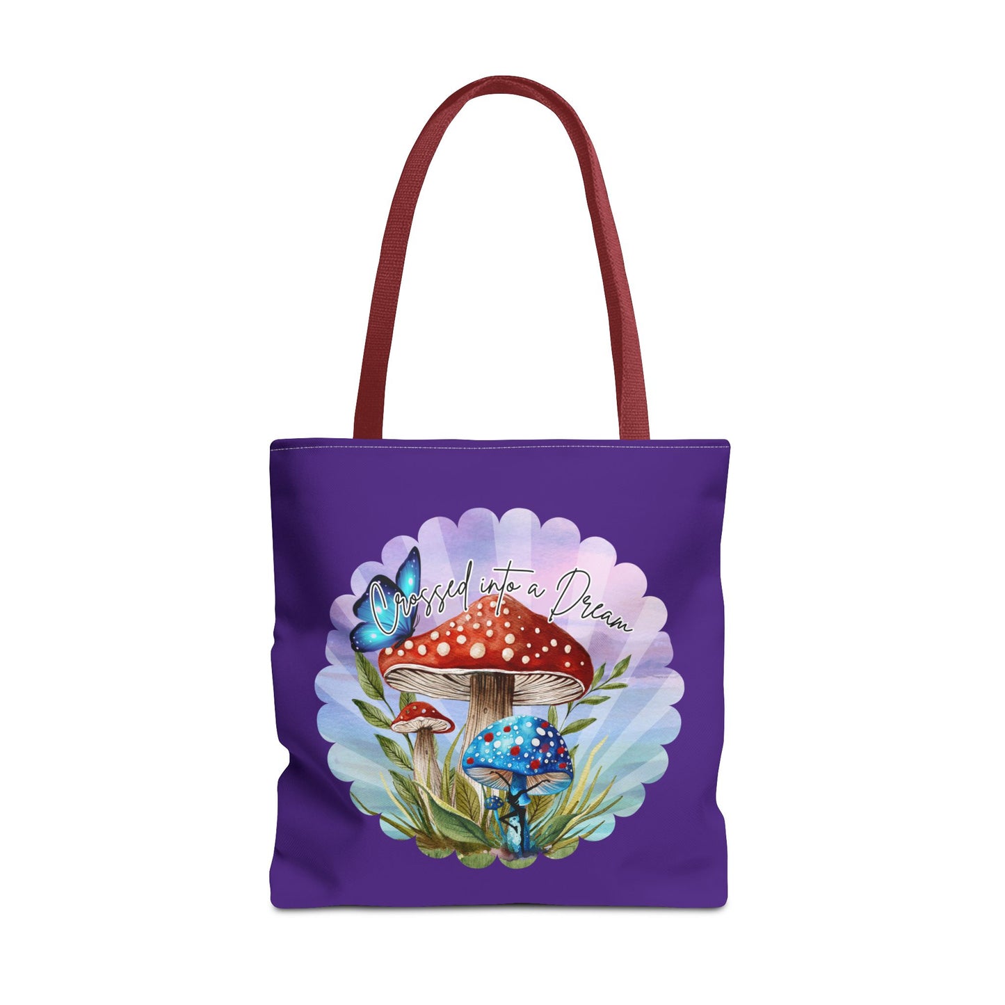 "Crossed Into a Dream" Purple Mushrooms and Butterfly Tote Bag - Perfect for Nature Lovers & Eco-Friendly Style