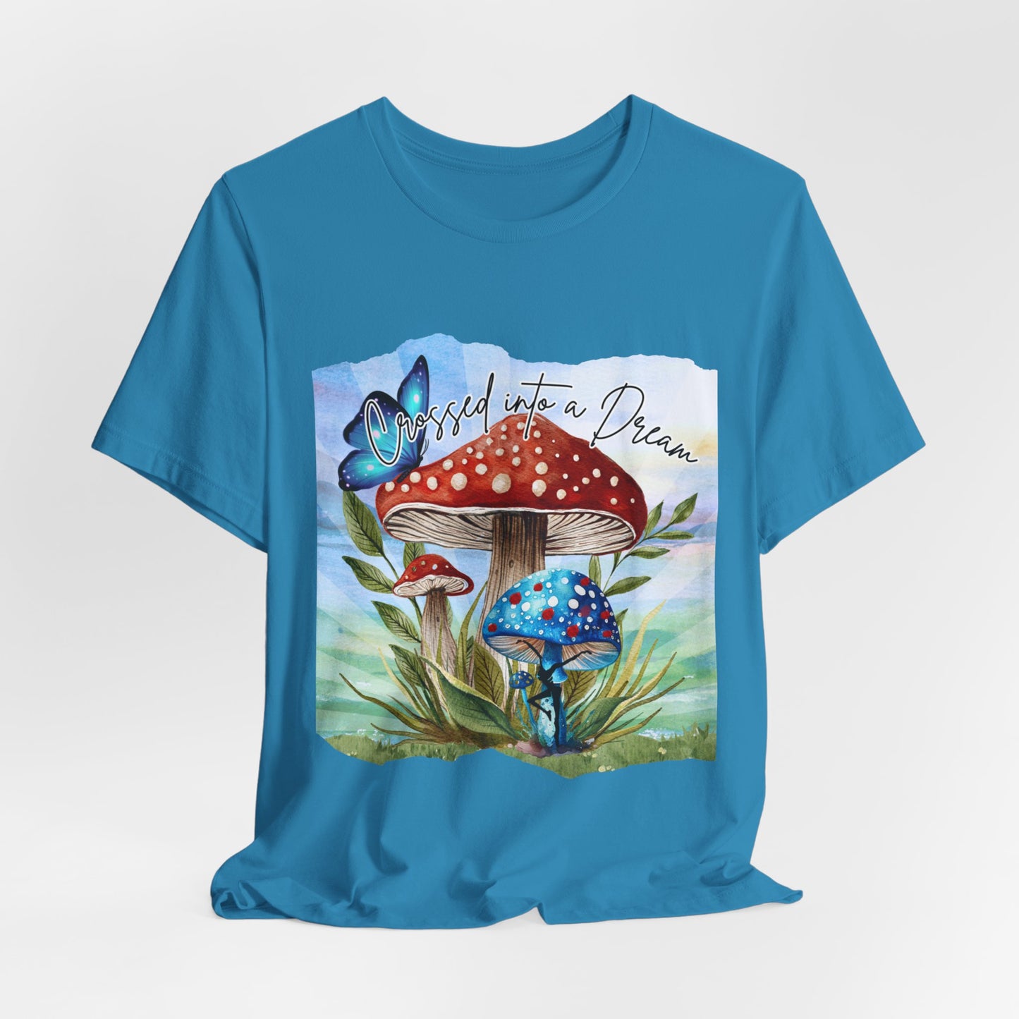 "Crossed Into a Dream Blue and Red Mushroom" Unisex Jersey Tee - Colorful Nature-Inspired Design