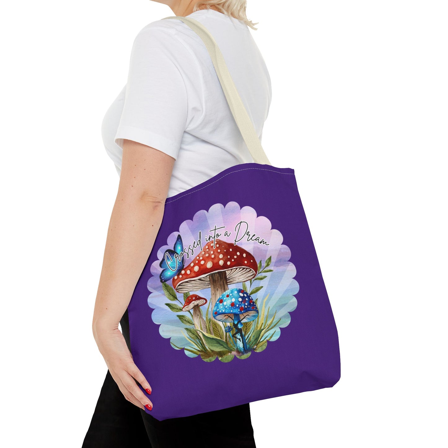 "Crossed Into a Dream" Purple Mushrooms and Butterfly Tote Bag - Perfect for Nature Lovers & Eco-Friendly Style