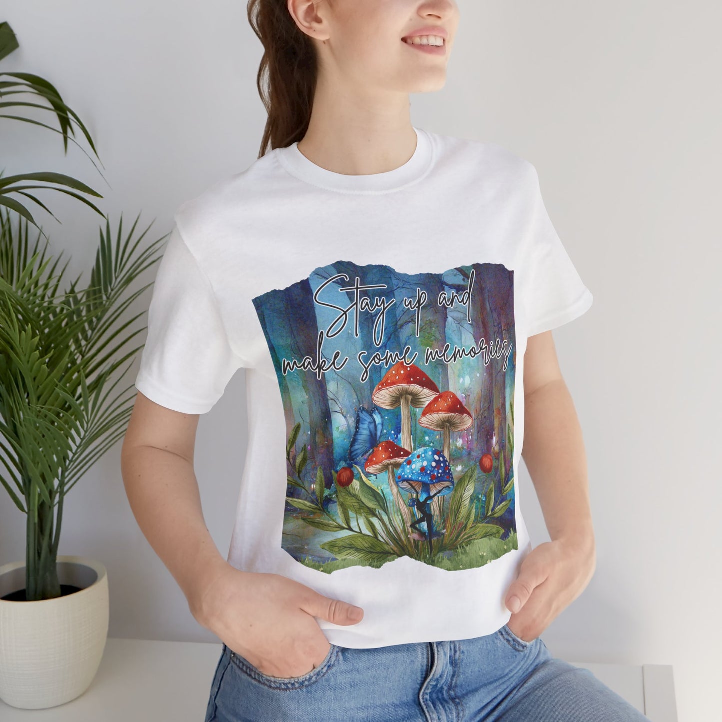 Forest Mushrooms "Stay up and make some memories" Unisex Jersey Tee - Colorful Nature-Inspired Design