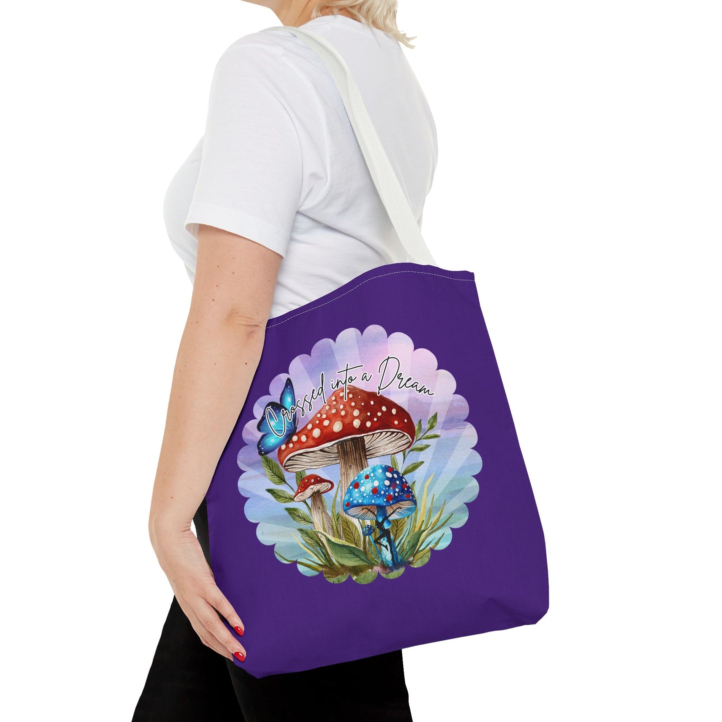 "Crossed Into a Dream" Purple Mushrooms and Butterfly Tote Bag - Perfect for Nature Lovers & Eco-Friendly Style