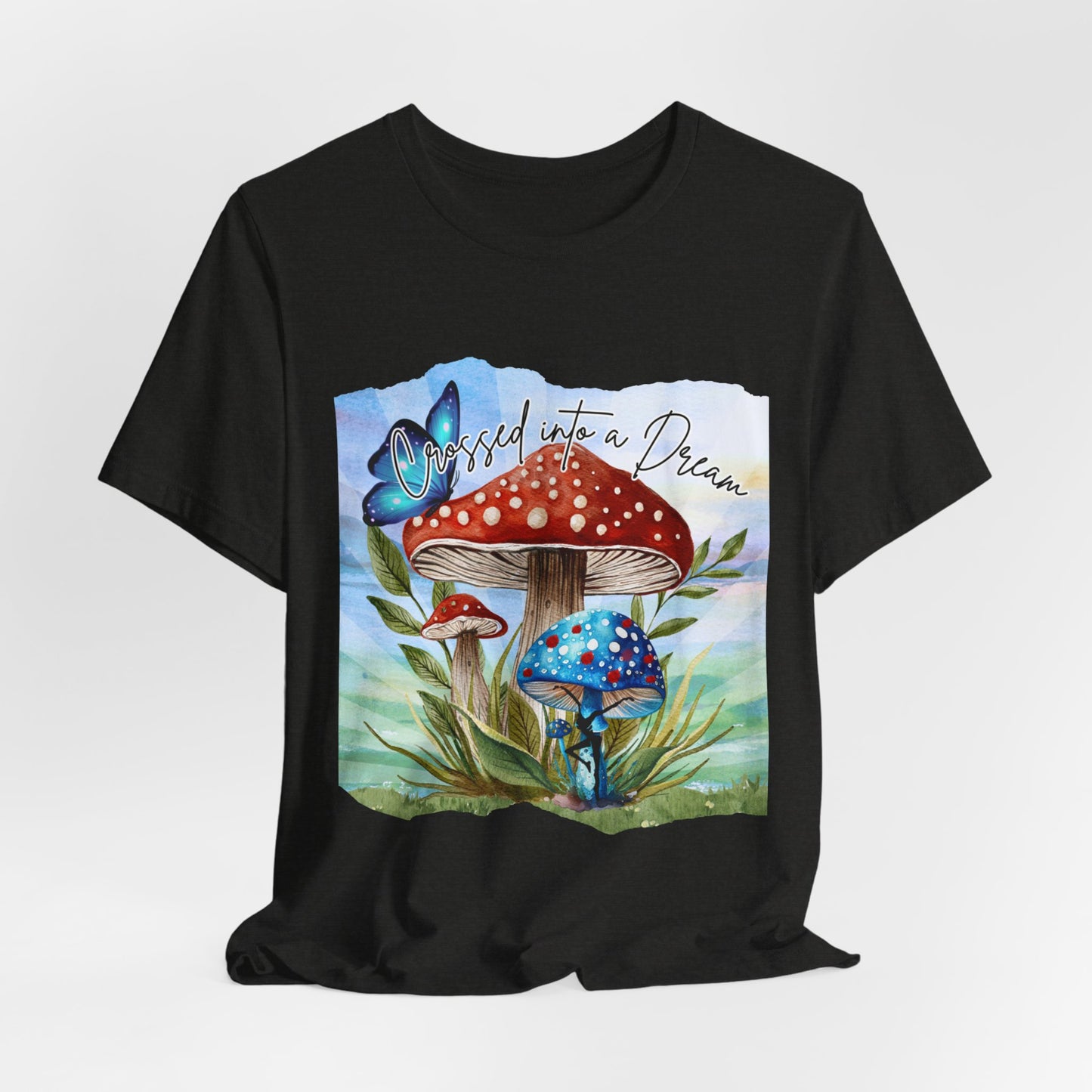 "Crossed Into a Dream Blue and Red Mushroom" Unisex Jersey Tee - Colorful Nature-Inspired Design