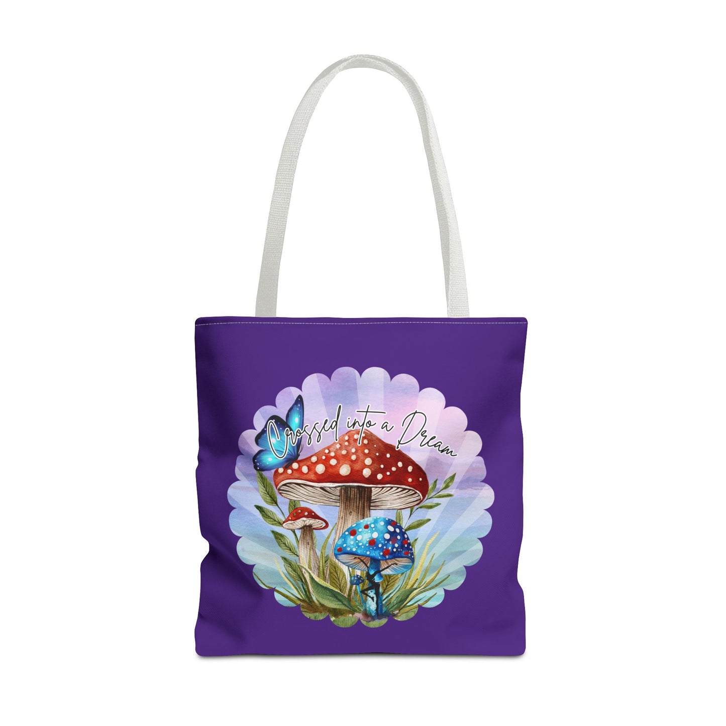 "Crossed Into a Dream" Purple Mushrooms and Butterfly Tote Bag - Perfect for Nature Lovers & Eco-Friendly Style