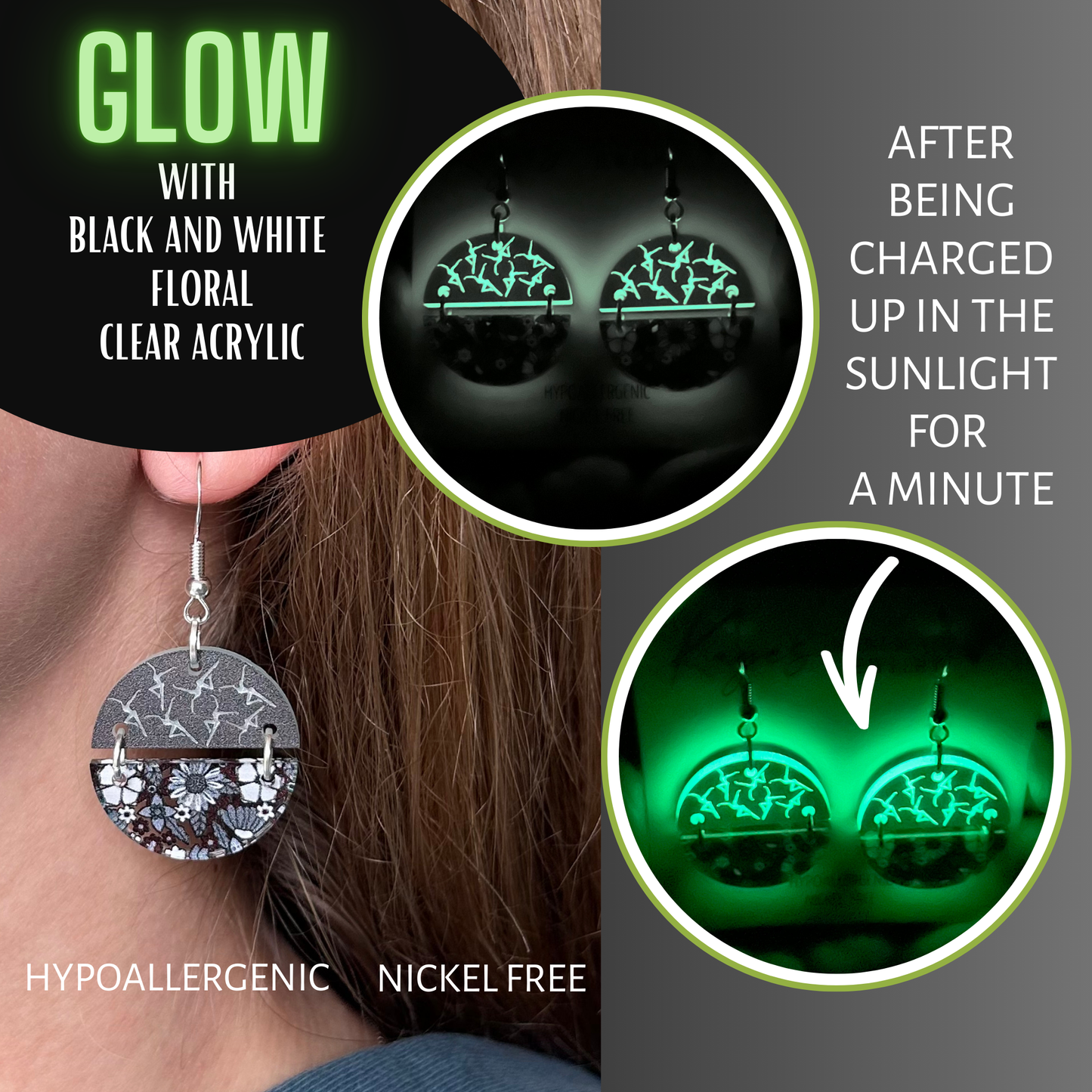 "GLOW" Black and White Floral Dangles